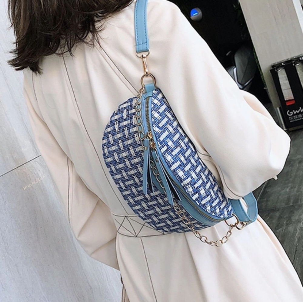 Tweed Fanny Pack Blue and Cream - Picture 3 of 5